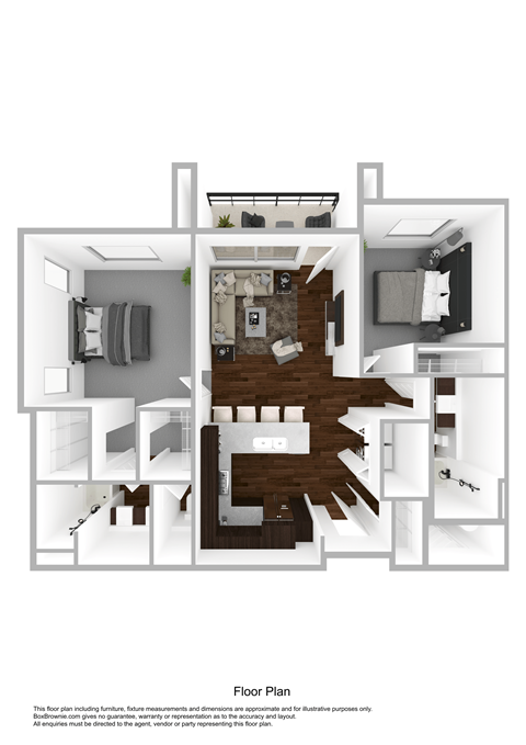 Floor plan for 2 beds, 2 baths, 955 sqft